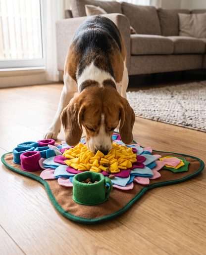 Flower Snuffle Mat for Dogs, in use at home