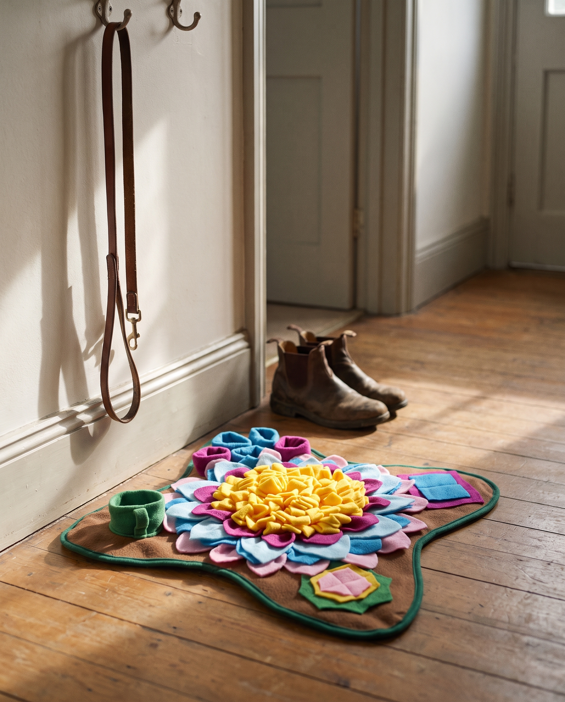 Flower Snuffle Mat for Dogs, styled in a home setting