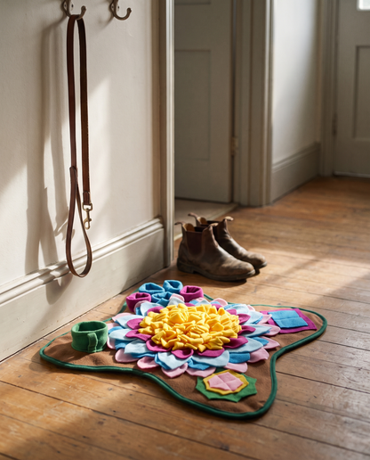 Flower Snuffle Mat for Dogs, styled in a home setting