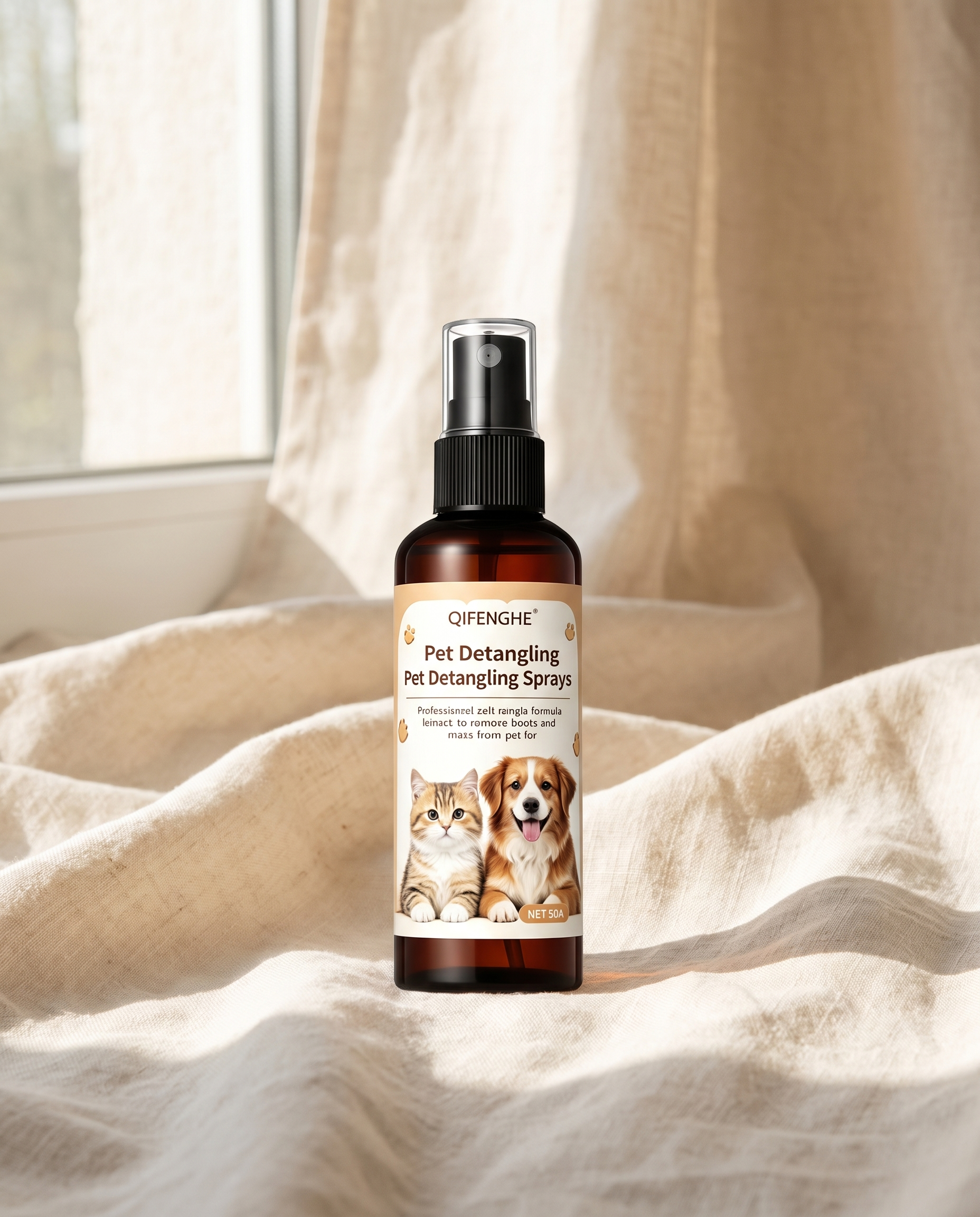 Leave-In Detangling Spray for Dogs and Cats, 50ml, styled in a home setting