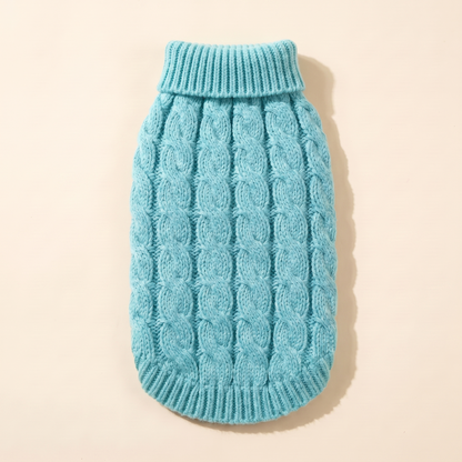 Cable-Knit Turtleneck Dog Sweater in turquoise