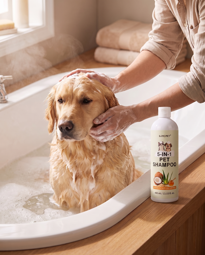 5-in-1 Pet Shampoo with Oatmeal and Aloe, in use at home
