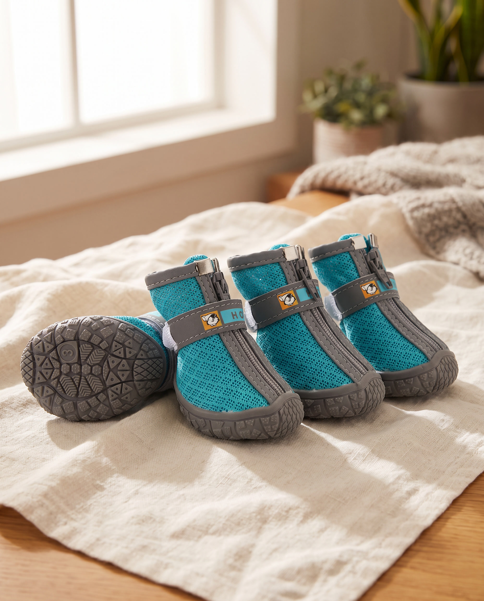 Breathable Mesh Dog Shoes, Set of 4, styled in a home setting