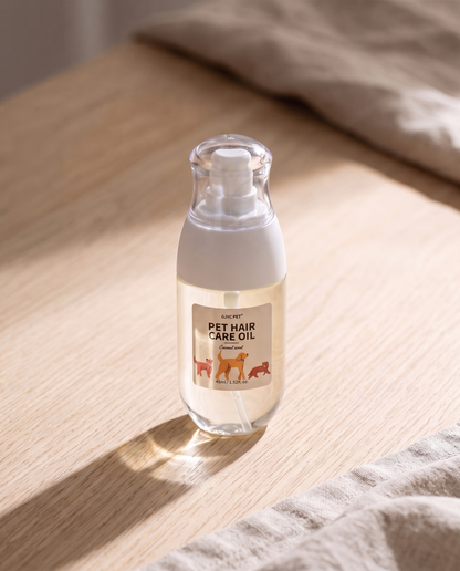 Pet Hair Care Oil Spray, Coconut, styled in a home setting