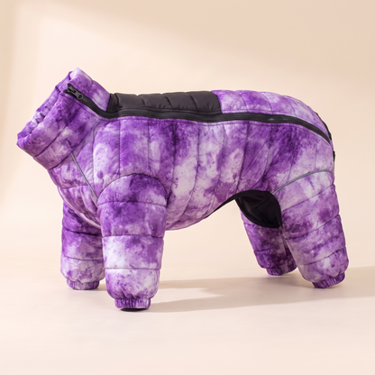 Padded Four-Leg Winter Dog Snowsuit - Purple Tie-Dye