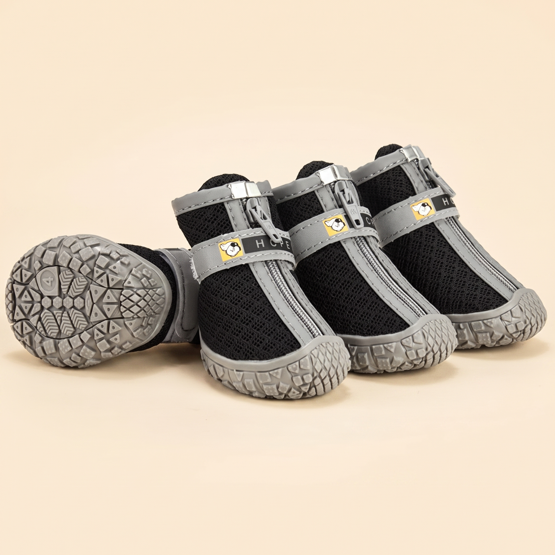 Breathable Mesh Dog Shoes, Set of 4 - light grey trim on black mesh