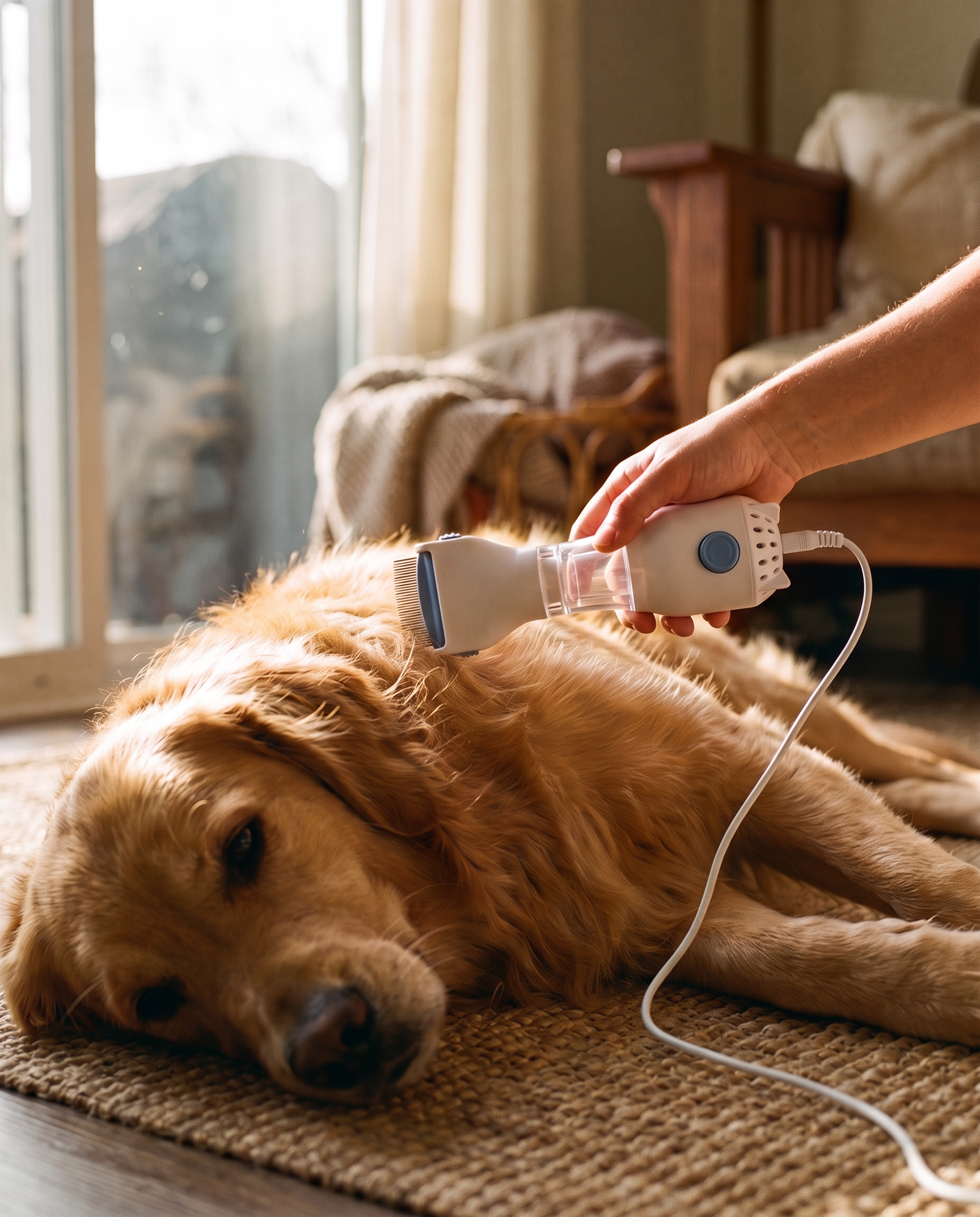 Electric Flea Removal Comb with Filter, in use at home