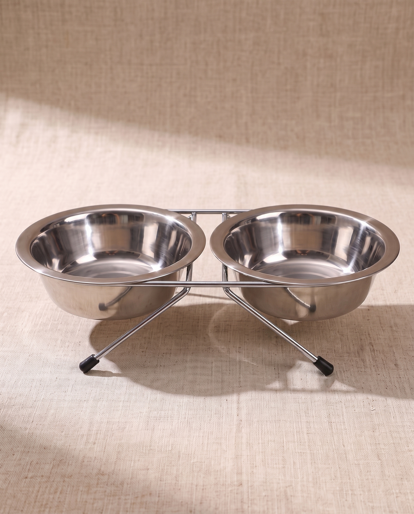 Elevated Double Bowl Feeder Stand, styled in a home setting