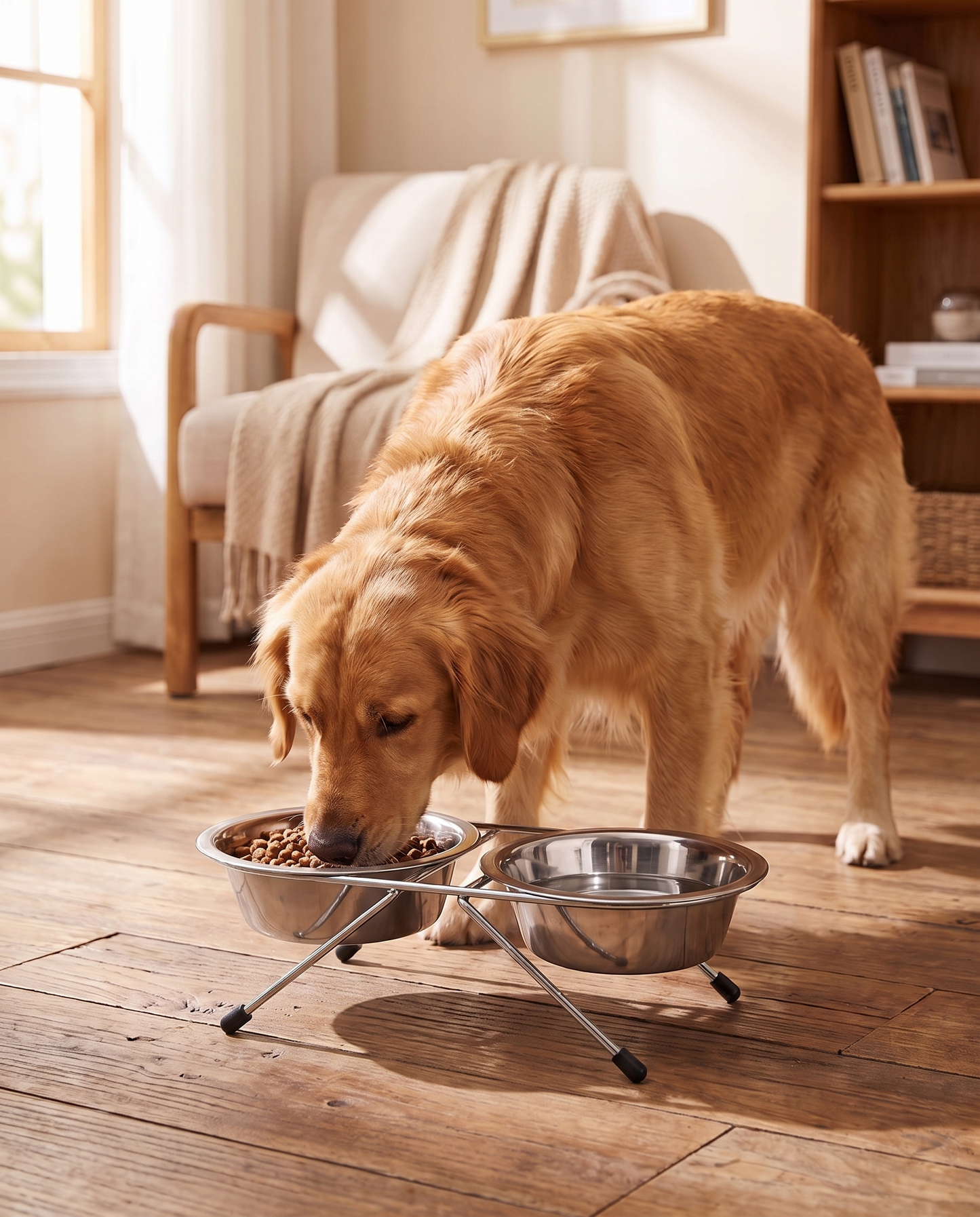 Elevated Double Bowl Feeder Stand, in use at home
