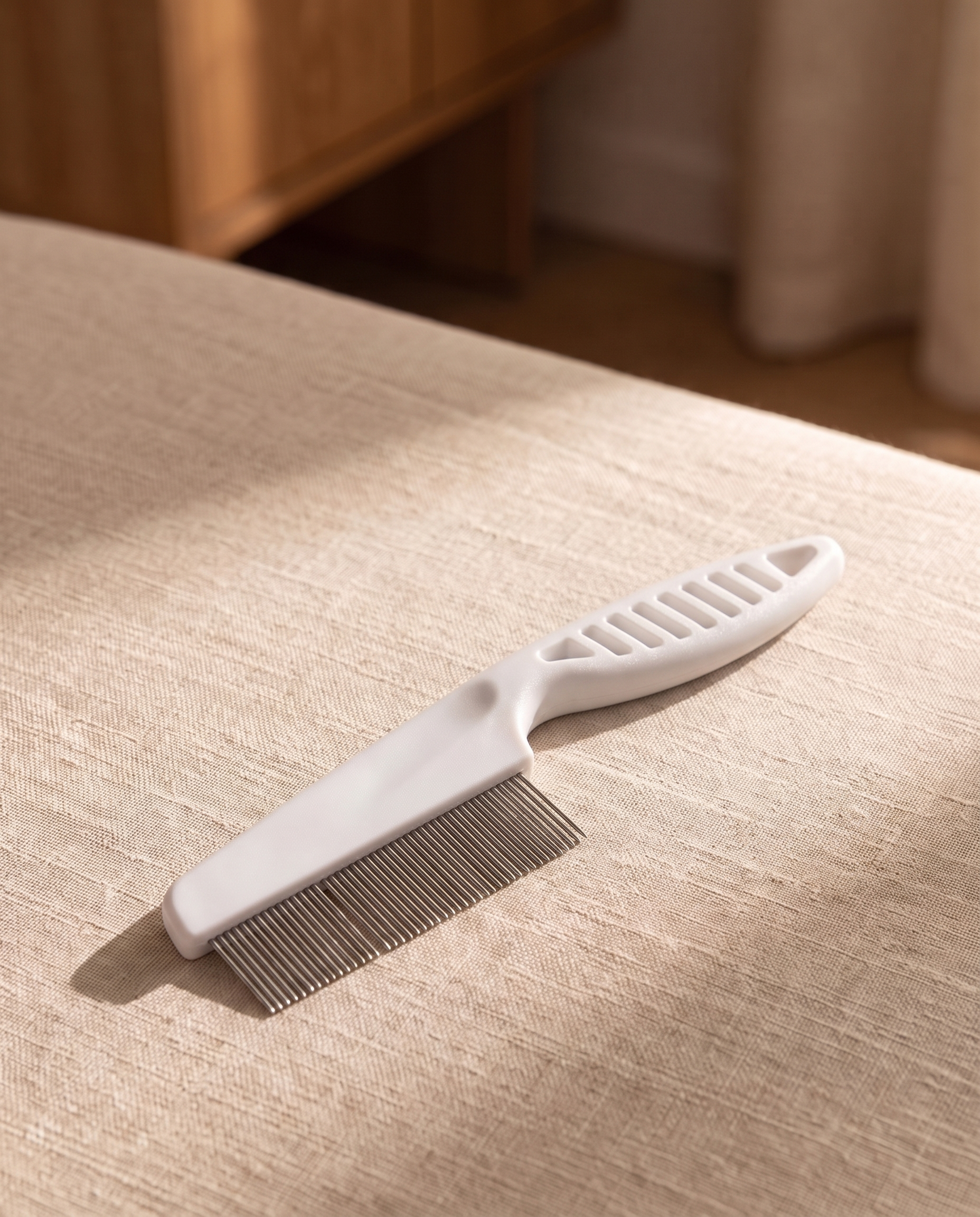 Fine-Tooth Flea Comb for Dogs and Cats, styled in a home setting