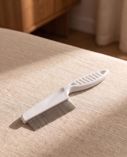 Fine-Tooth Flea Comb for Dogs and Cats, styled in a home setting