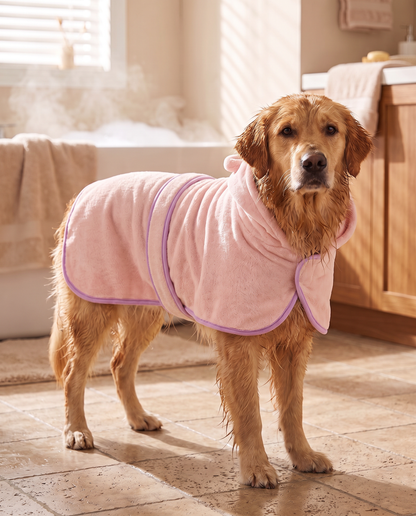 Hooded Microfiber Dog Bathrobe, in use at home