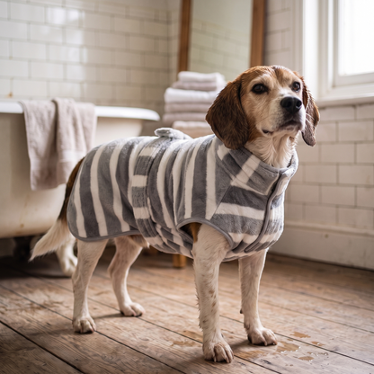 Striped Microfiber Dog Bathrobe, in use at home