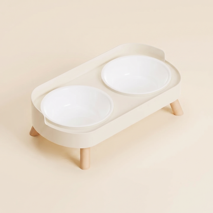 Elevated Double Bowl Station with Wood Legs in white with plastic bowls