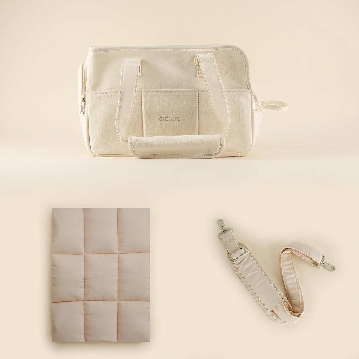 Structured Canvas Dog Carrier Handbag - Beige Bag + Strap + Mat set