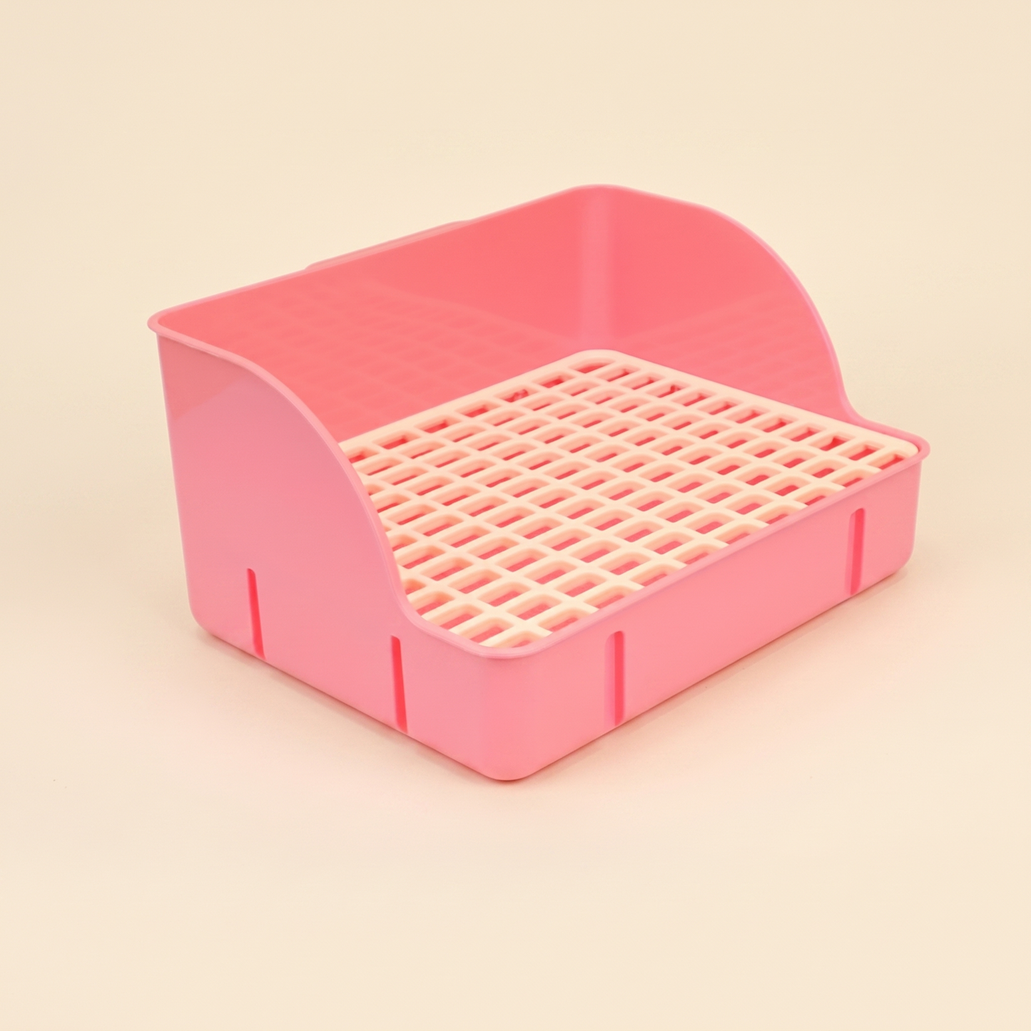 Corner Litter Tray for Rabbits and Small Pets in pink, high-back square tray