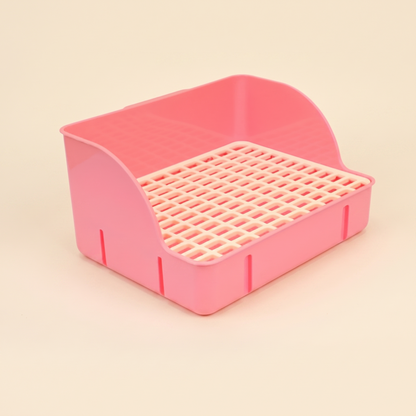 Corner Litter Tray for Rabbits and Small Pets in pink, high-back square tray