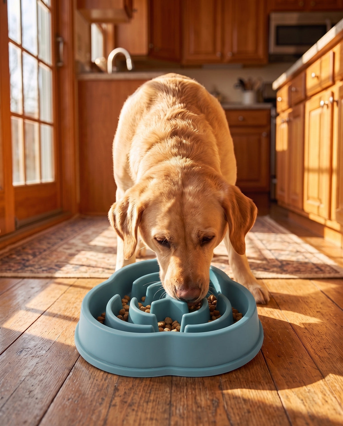 Maze Slow Feeder Bowl, Cloud, in use at home