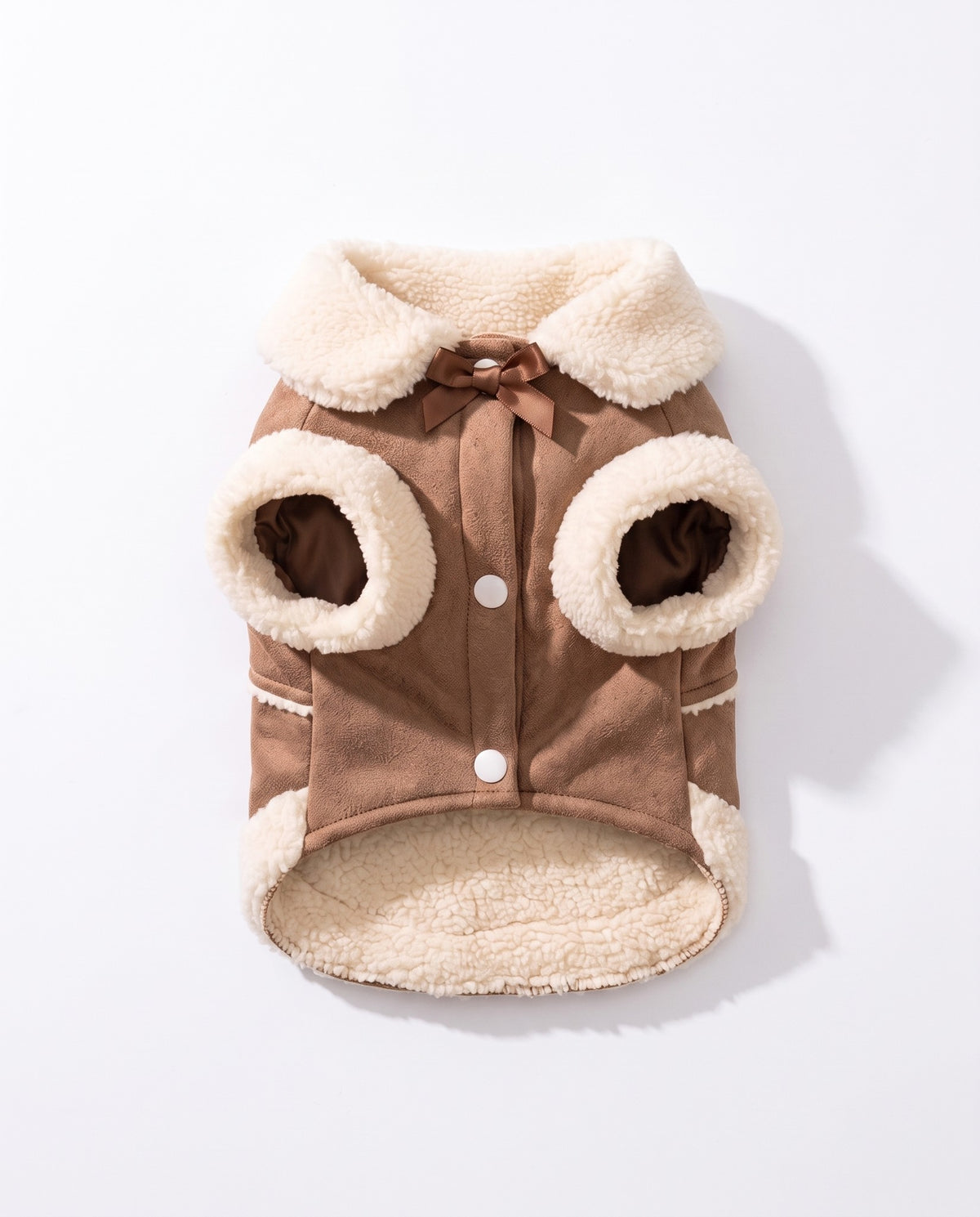 Shearling-Trim Winter Dog Jacket, styled in a home setting