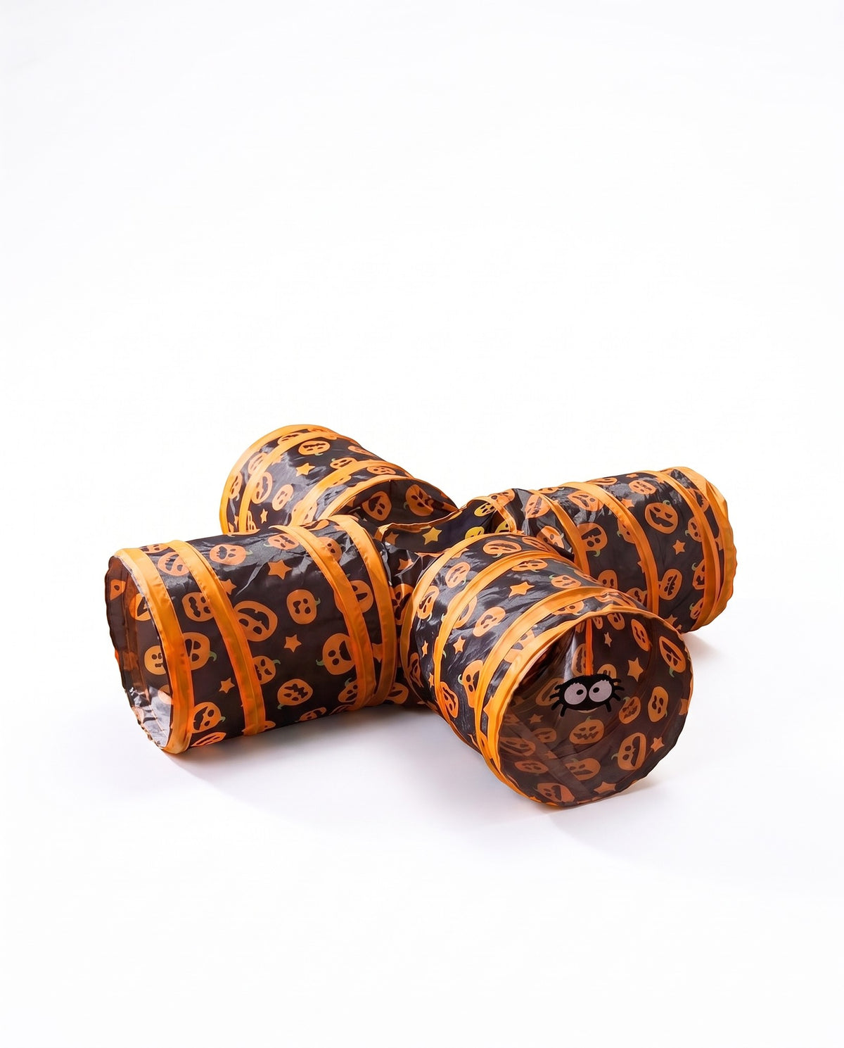 Three-Way Cat Play Tunnel, Pumpkin Print, styled in a home setting