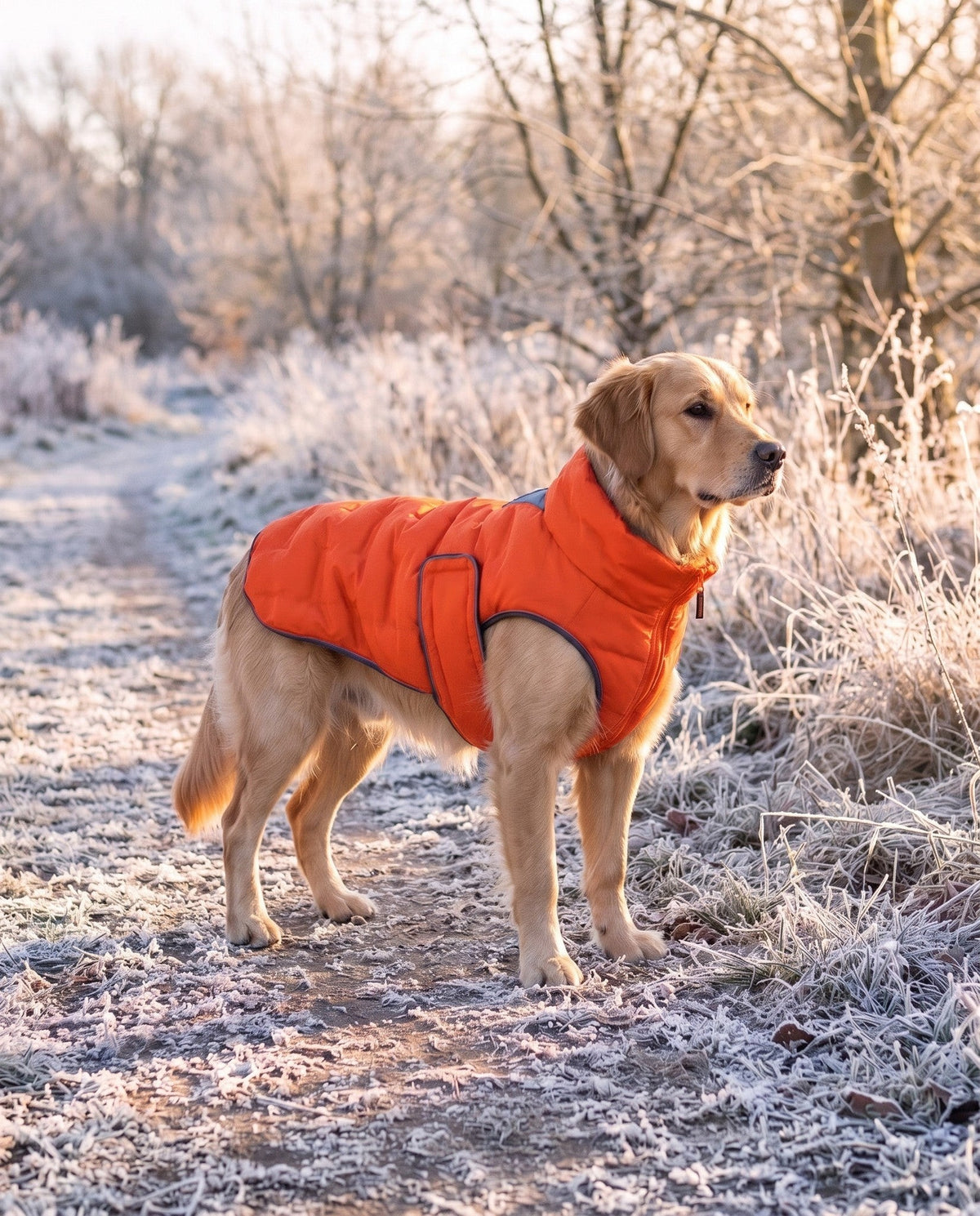 Windproof Padded Dog Coat, Orange, in use