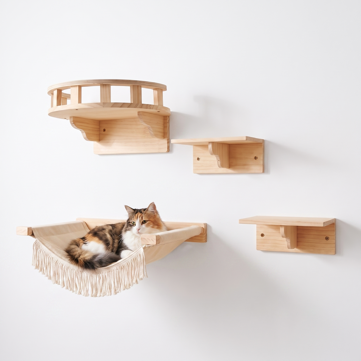 Wooden Cat Wall Shelves and Hammock